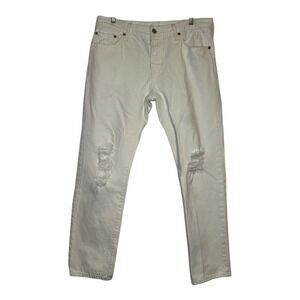 Levi's 501 Distressed Jeans Ripped Knee Denim Pants Button Fly White Size‎ 28
